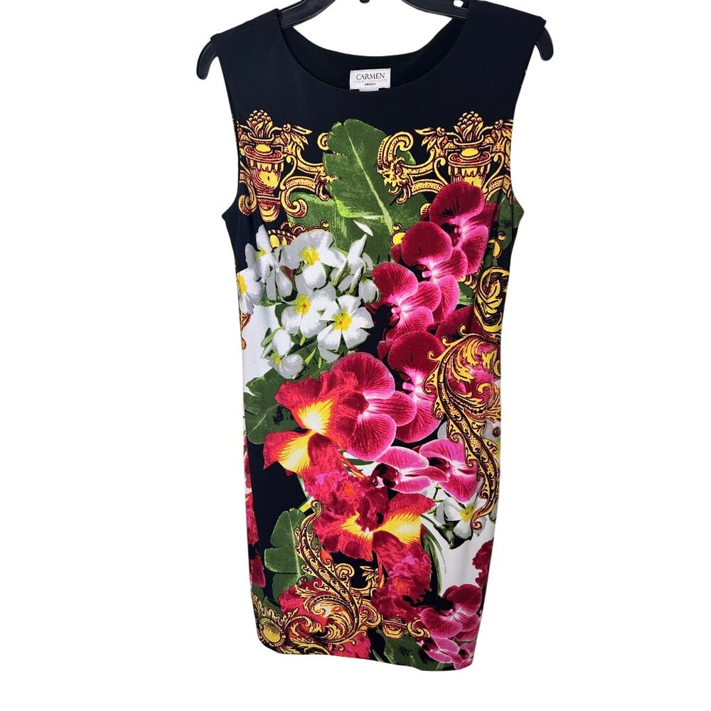 Vibrant Carmen Marc Valvo Floral Print Sleeveless Sheath Dress M Polyester/Spand